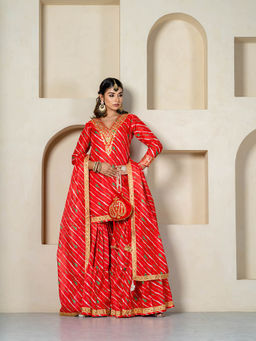 Yuvrani Jaipur - Red Kota Doriya Potli Sharara with Kurta & Dupatta (Set of 4)