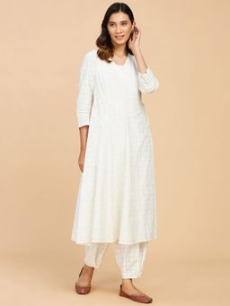 Fabindia - Off White Cotton Printed Long Kurta (Set of 2)