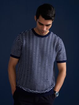 Andamen - Indigo Blue Men Half Sleeve Structure Knit Crew Regular Fit T-shirt