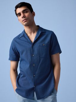 Andamen - Indigo Blue Men Half Sleeve Resort Collar Textured Slim Shirt