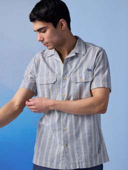 Andamen - Blue Men Half Sleeve Stripe Resort Collar Slim Shirt