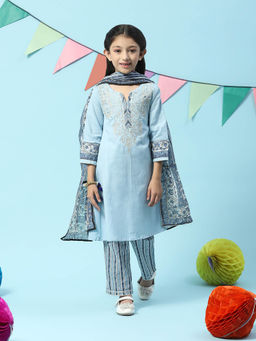 Biba - Powder Blue Cotton Kalidar Kurta Slim Pant Suit (Set of 3)