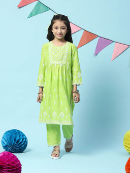 Biba - Parrot Green Cotton Gathered Kurta Narrow Pants 2 Piece (Set of 2)