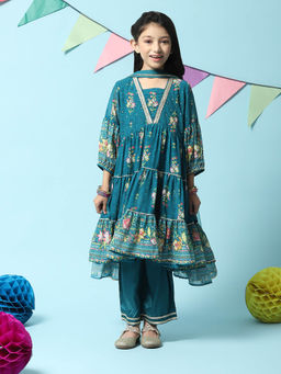 Biba - Teal Viscose Tired Kurta Suits (Set of 3)