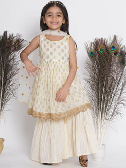 Little Bansi - Girls Banarsi Frock Kurta Golden Sharara with Dupatta Cream (Set of 3)
