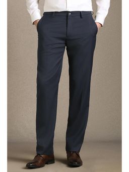 Louis Philippe - Men Navy Blue Flat Front Formal Trousers