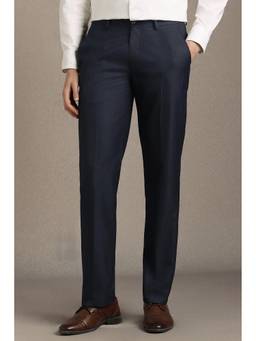 Louis Philippe - Men Navy Blue Textured Flat Front Formal Trousers
