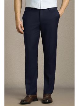Louis Philippe - Men Navy Blue Textured Flat Front Formal Trousers