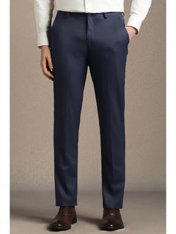 Louis Philippe - Men Navy Blue Textured Flat Front Formal Trousers