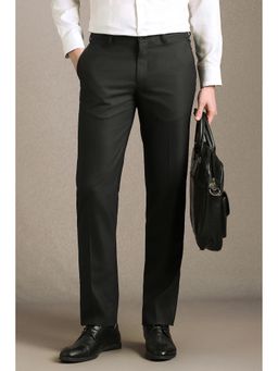 Louis Philippe - Men Black Textured Flat Front Formal Trousers