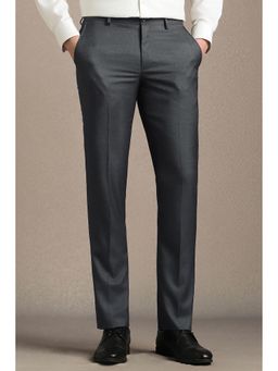 Louis Philippe - Men Grey Solid Flat Front Formal Trousers