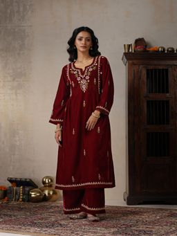 House of Chikankari - Maroon Velvet Chikankari Embroidered Kurta with Palazzo (Set of 2)