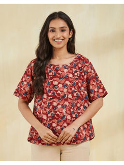 Fabindia - Red Cotton Kalamkari Printed Top