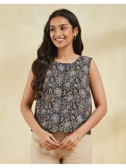 Fabindia - Black Cotton Kalamkari Printed Short Top