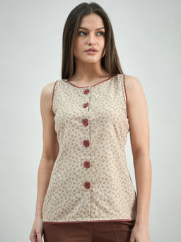 Powersutra - Beige Sleeveless Flroal Printed Top