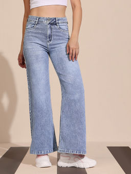 DOLCE CRUDO - Women's Light Blue Regular-Length Stretchable Denim Wide Leg Jeans