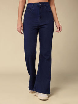 DOLCE CRUDO - Women's Navy Blue Bootcut High Rise Regular Length Stretchable Jeans