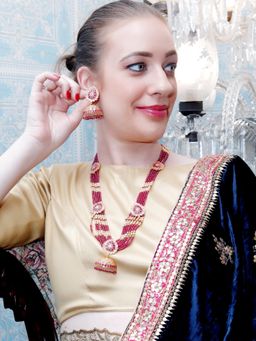 Odette - Gorgeous Red and Gold Jhumki Long Necklace for Women (Set of 2)