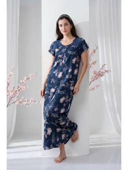 JULIANA DREAM - Women Navy Blue Floral Cotton Nightdress
