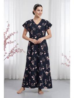 JULIANA DREAM - Women Navy Blue Floral Cotton Nightdress