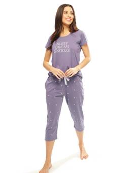 LOTIK - Women Purple Printed Cotton T-Shirt with Capri