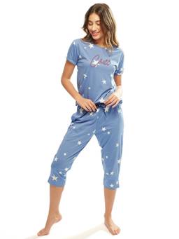 LOTIK - Women Blue Printed Cotton T-Shirt with Capri