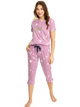 LOTIK - Women Pink Printed Cotton T-Shirt with Capri