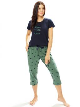 LOTIK - Women Blue Printed Cotton T-Shirt with Capri
