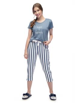 LOTIK - Women Blue Stripes Cotton T-Shirt with Capri