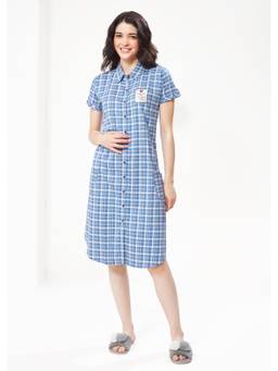 LOTIK - Women Blue Checks Cotton Shirtdress