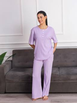 Chelvet - Women Lavender Textured Blended T-Shirt with Pyjama