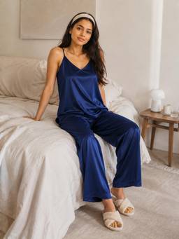 Slumber Jill - Women Navy Blue Solid/Plain Satin T-Shirt with Pyjama