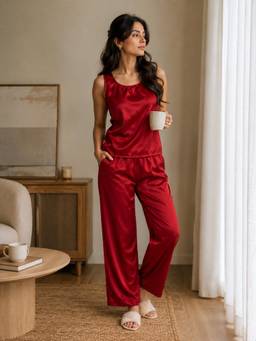 Slumber Jill - Women Red Solid/Plain Satin T-Shirt with Pyjama