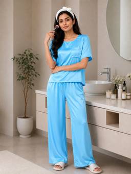 Slumber Jill - Women Turquoise Solid/Plain Satin T-Shirt with Pyjama