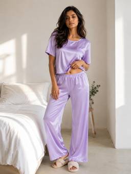 Slumber Jill - Women Lavender Solid/Plain Satin T-Shirt with Pyjama