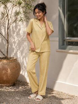 Slumber Jill - Women Mustard Printed Satin Shirt with Pyjama