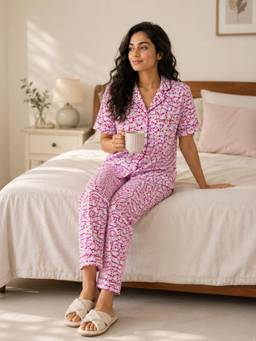 Slumber Jill - Women Cream Printed Satin Shirt with Pyjama