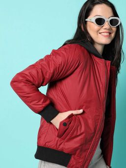 Campus Sutra - Womens Maroon Red Solid Bomber Jacket