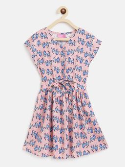 Tales & Stories - Girls Light Pink Rayon Regular Fit Printed Dress