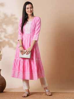 Globus - Women Pink Allover Printed Lacework Flared Hem Panelled A-Line Workwear Kurta