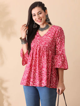Globus - Women Pink Floral Printed V-Neck Bell Sleeves Gathered A-Line Aliya Cut Workwear Tunic