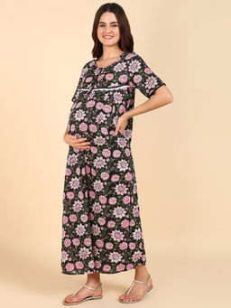 Zelena - Women Cotton Half Sleeves Maternity Zipless Feeding Maxi Nighty