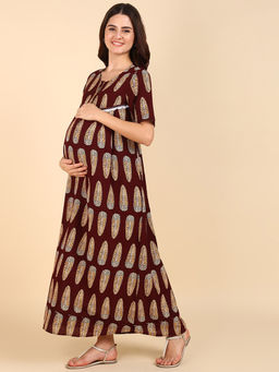 Zelena - Women Cotton Half Sleeves Maternity Zipless Feeding Maxi Nighty
