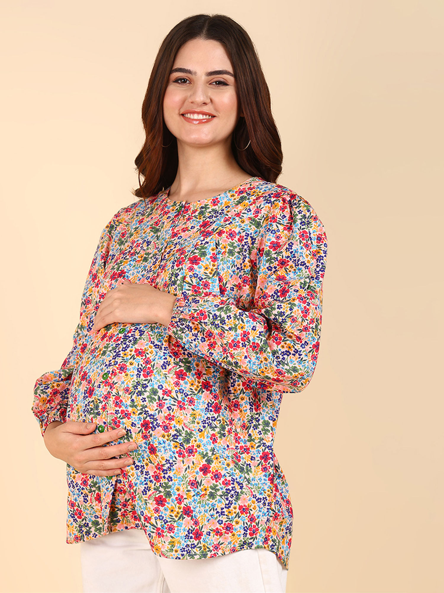 zelena Women Cotton Full Sleeves Printed Maternity Zipless Feeding Top - Red-picture-16