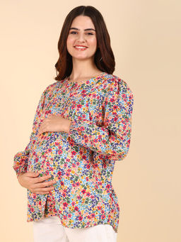 Zelena - Women Cotton Full Sleeves Printed Maternity Zipless Feeding Top - Red