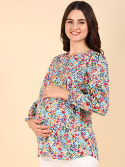 Zelena - Women Cotton Full Sleeves Printed Maternity Zipless Feeding Top - Blue
