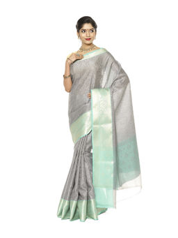 Banarasi Silk Works - Grey Resham Zari Sea Green Pattu Border Art Saree with Unstitched Blouse