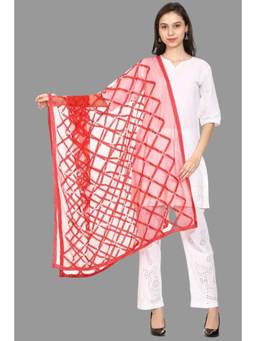 SWI STYLISH - Women's Red Embroidered Chiffon Dupatta