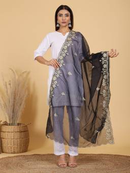 SWI STYLISH - Women's Black Embroidered Organza Dupatta