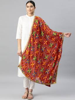 SWI STYLISH - Women'S Maroon Embroidered Phulkari Chiffon Dupatta